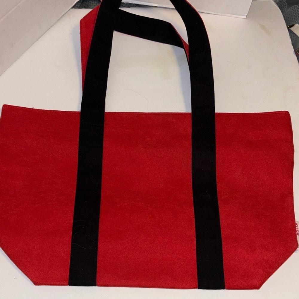 MICHAEL KORS RED SUEDE LIKE TOTE WITH BLACK CANVAS STRIPES EXCELLENT CONDITION